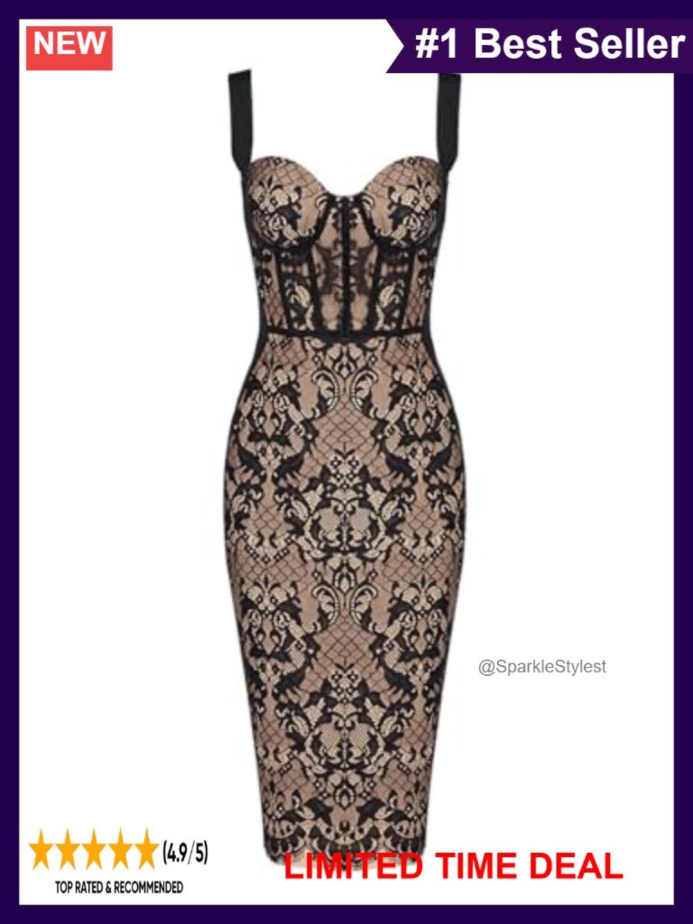 Lace Fishbone Midi Bodycon Dress Back Slit Cocktail Wedding Guest